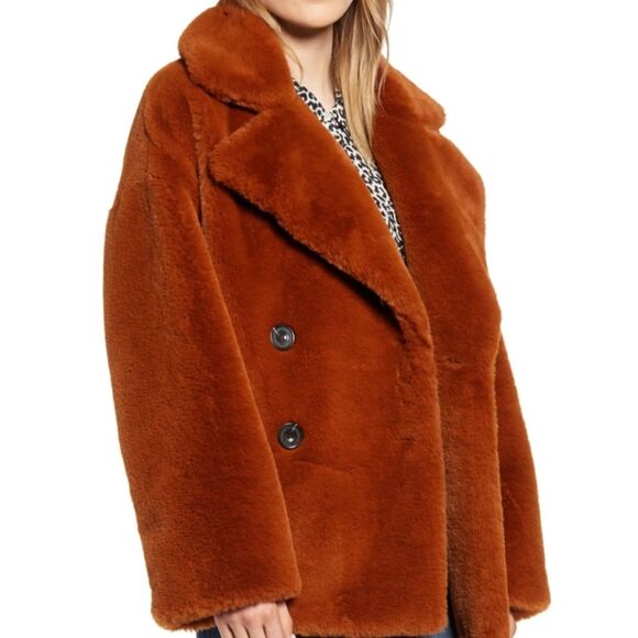 Kenneth Cole Double-Breasted Faux Fur Brown Jacket S - Picture 1 of 7